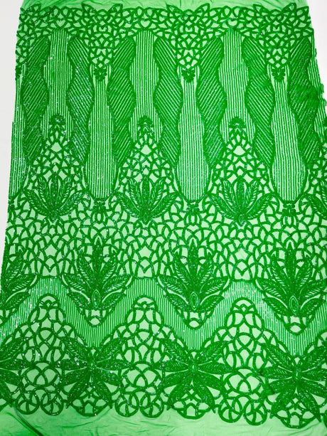 Feather Damask Sequin Design 4 Way Stretch Mesh Fabric - Floral Damask, Iridescent Sequins, 4 Way Stretch, 1 Yard