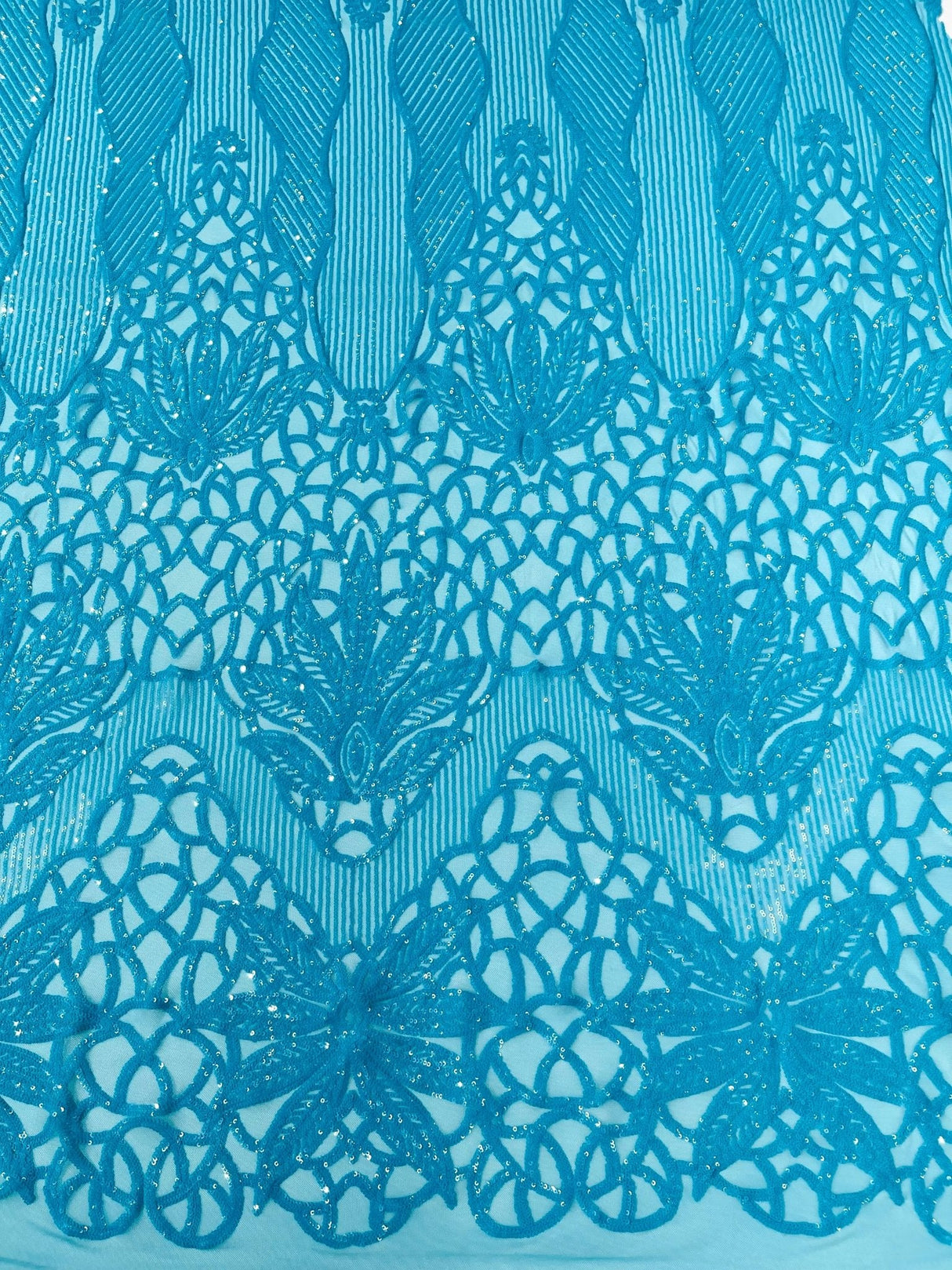 Feather Damask Sequin Design 4 Way Stretch Mesh Fabric - Floral Damask, Iridescent Sequins, 4 Way Stretch, 1 Yard