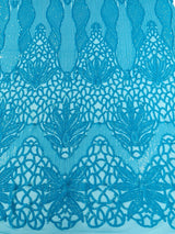 Feather Damask Sequin Design 4 Way Stretch Mesh Fabric - Floral Damask, Iridescent Sequins, 4 Way Stretch, 1 Yard