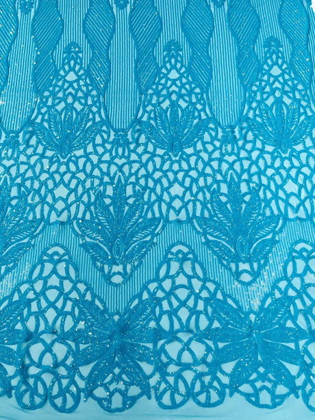 Feather Damask Sequin Design 4 Way Stretch Mesh Fabric - Floral Damask, Iridescent Sequins, 4 Way Stretch, 1 Yard
