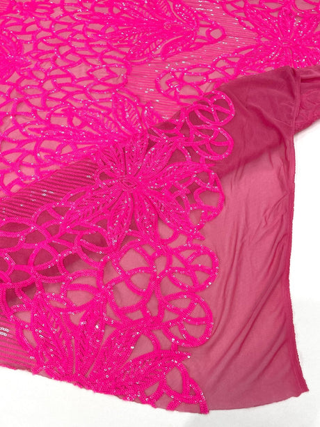 Feather Damask Sequin Design 4 Way Stretch Mesh Fabric - Floral Damask, Iridescent Sequins, 4 Way Stretch, 1 Yard