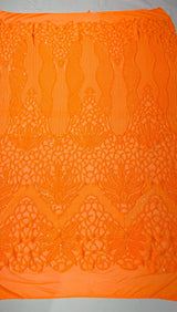 Feather Damask Sequin Design 4 Way Stretch Mesh Fabric - Floral Damask, Iridescent Sequins, 4 Way Stretch, 1 Yard