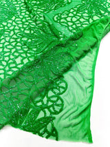 Feather Damask Sequin Design 4 Way Stretch Mesh Fabric - Floral Damask, Iridescent Sequins, 4 Way Stretch, 1 Yard