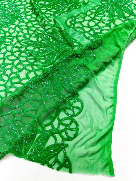 Feather Damask Sequin Design 4 Way Stretch Mesh Fabric - Floral Damask, Iridescent Sequins, 4 Way Stretch, 1 Yard