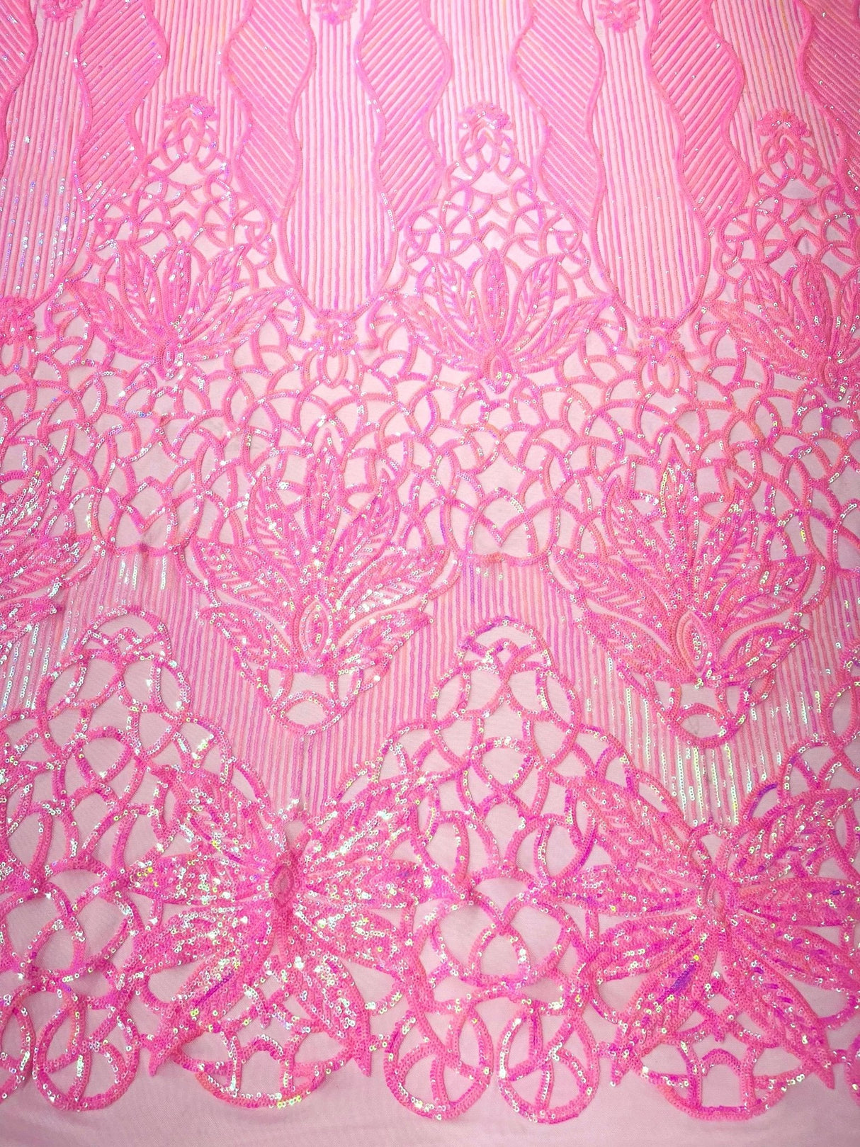 Feather Damask Sequin Design 4 Way Stretch Mesh Fabric - Floral Damask, Iridescent Sequins, 4 Way Stretch, 1 Yard