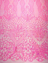 Feather Damask Sequin Design 4 Way Stretch Mesh Fabric - Floral Damask, Iridescent Sequins, 4 Way Stretch, 1 Yard