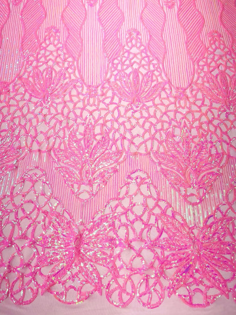 Feather Damask Sequin Design 4 Way Stretch Mesh Fabric - Floral Damask, Iridescent Sequins, 4 Way Stretch, 1 Yard
