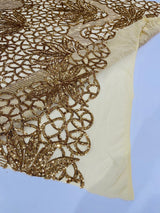 Feather Damask Sequin Design 4 Way Stretch Mesh Fabric - Floral Damask, Iridescent Sequins, 4 Way Stretch, 1 Yard