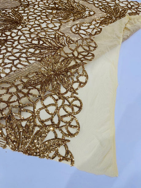 Feather Damask Sequin Design 4 Way Stretch Mesh Fabric - Floral Damask, Iridescent Sequins, 4 Way Stretch, 1 Yard