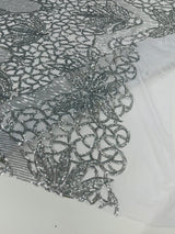 Feather Damask Sequin Design 4 Way Stretch Mesh Fabric - Floral Damask, Iridescent Sequins, 4 Way Stretch, 1 Yard