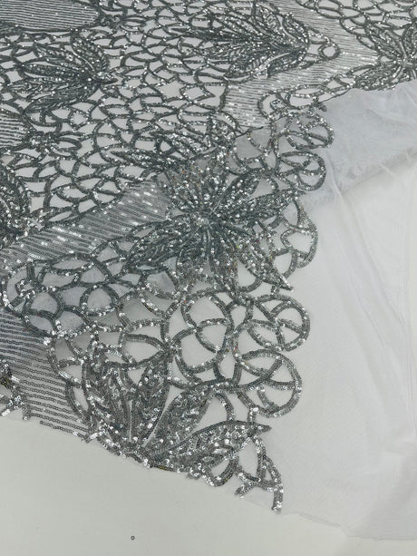 Feather Damask Sequin Design 4 Way Stretch Mesh Fabric - Floral Damask, Iridescent Sequins, 4 Way Stretch, 1 Yard