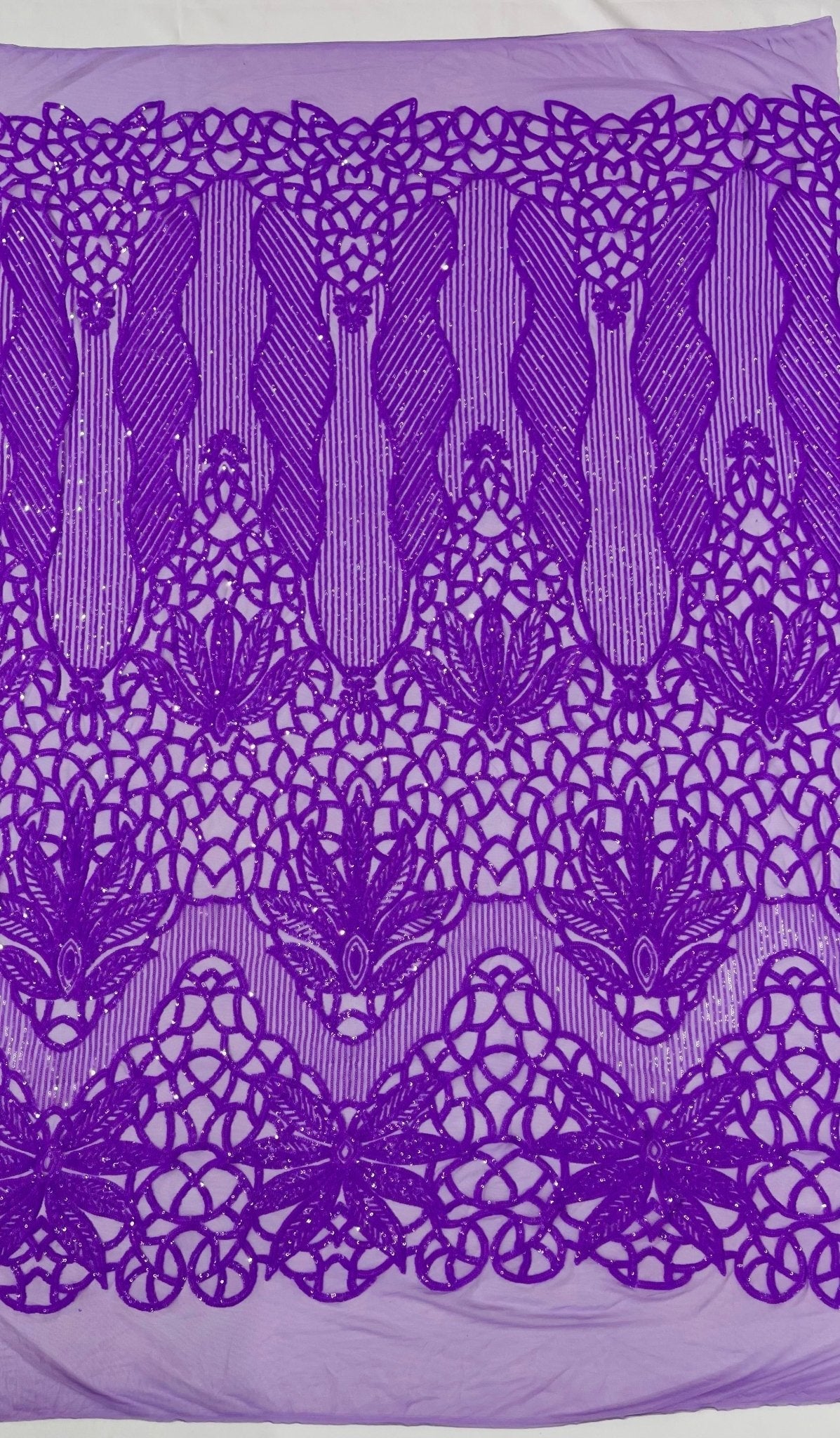 Feather Damask Sequin Design 4 Way Stretch Mesh Fabric - Floral Damask, Iridescent Sequins, 4 Way Stretch, 1 Yard