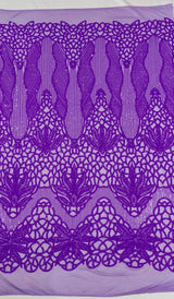 Feather Damask Sequin Design 4 Way Stretch Mesh Fabric - Floral Damask, Iridescent Sequins, 4 Way Stretch, 1 Yard