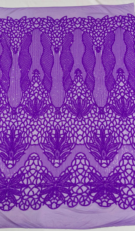 Feather Damask Sequin Design 4 Way Stretch Mesh Fabric - Floral Damask, Iridescent Sequins, 4 Way Stretch, 1 Yard