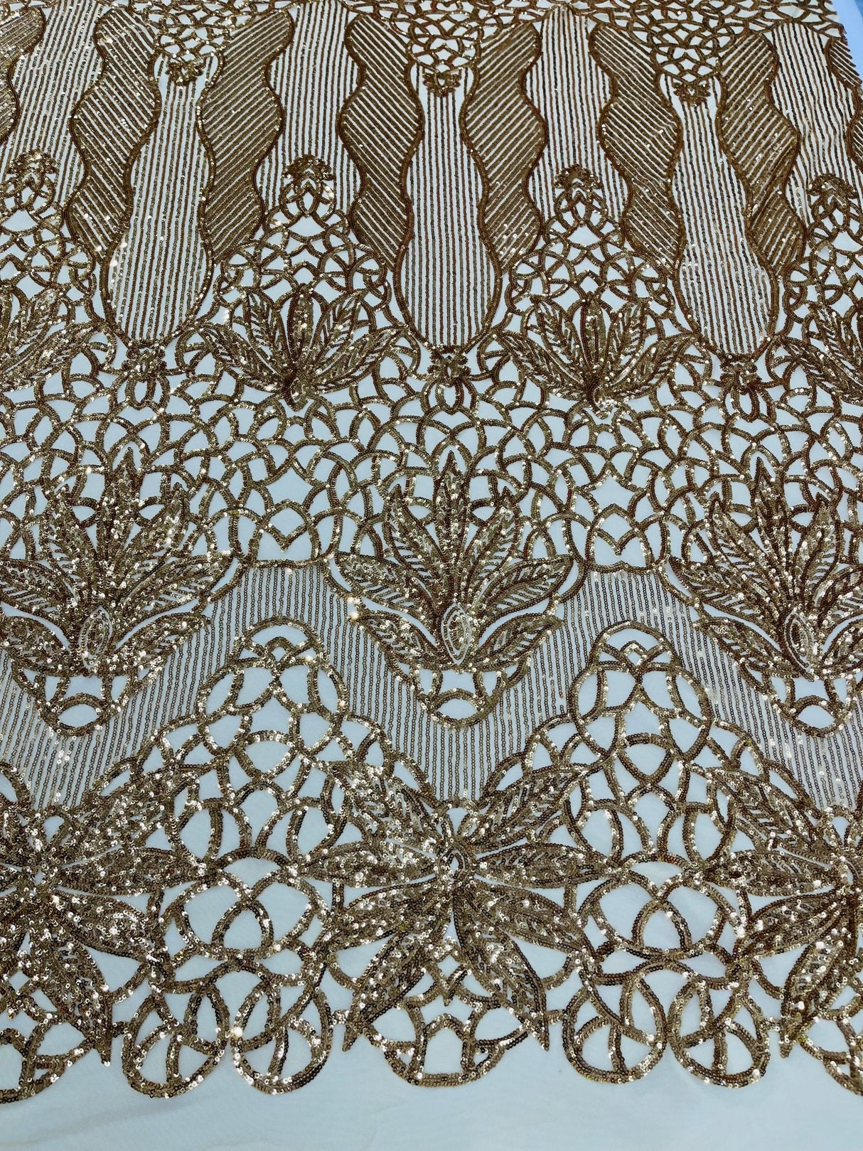 Feather Damask Sequin Design 4 Way Stretch Mesh Fabric - Floral Damask, Iridescent Sequins, 4 Way Stretch, 1 Yard