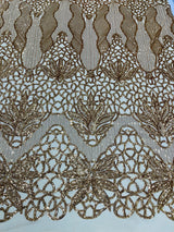 Feather Damask Sequin Design 4 Way Stretch Mesh Fabric - Floral Damask, Iridescent Sequins, 4 Way Stretch, 1 Yard