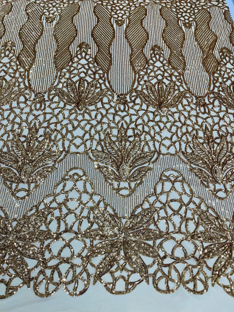 Feather Damask Sequin Design 4 Way Stretch Mesh Fabric - Floral Damask, Iridescent Sequins, 4 Way Stretch, 1 Yard