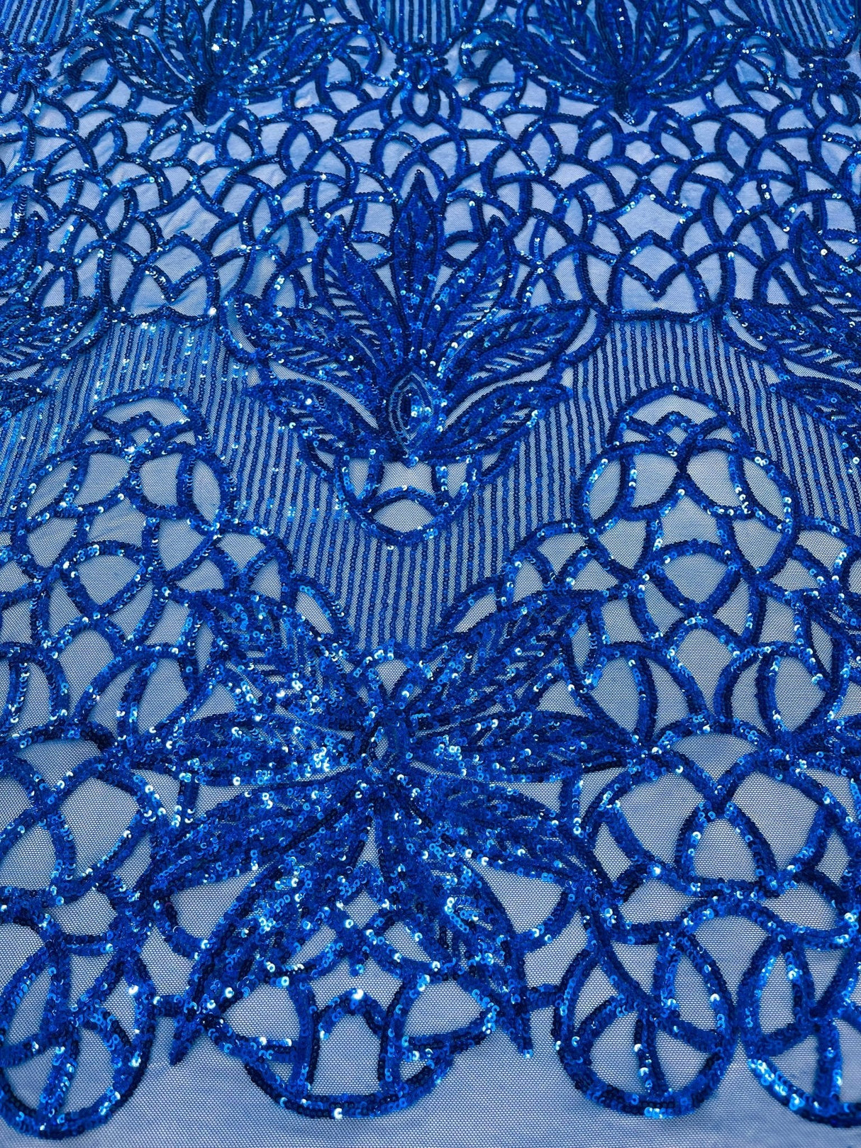 Feather Damask Sequin Design 4 Way Stretch Mesh Fabric - Floral Damask, Iridescent Sequins, 4 Way Stretch, 1 Yard