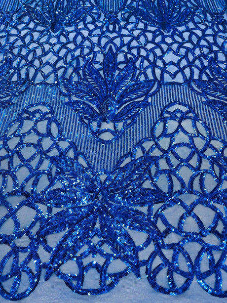 Feather Damask Sequin Design 4 Way Stretch Mesh Fabric - Floral Damask, Iridescent Sequins, 4 Way Stretch, 1 Yard