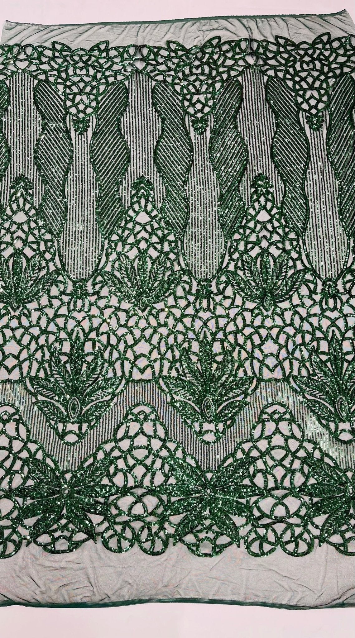 Feather Damask Sequin Design 4 Way Stretch Mesh Fabric - Floral Damask, Iridescent Sequins, 4 Way Stretch, 1 Yard