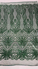 Feather Damask Sequin Design 4 Way Stretch Mesh Fabric - Floral Damask, Iridescent Sequins, 4 Way Stretch, 1 Yard