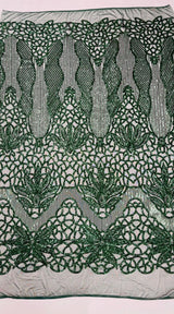 Feather Damask Sequin Design 4 Way Stretch Mesh Fabric - Floral Damask, Iridescent Sequins, 4 Way Stretch, 1 Yard