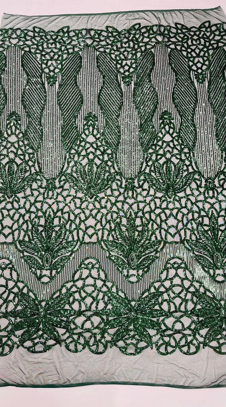 Feather Damask Sequin Design 4 Way Stretch Mesh Fabric - Floral Damask, Iridescent Sequins, 4 Way Stretch, 1 Yard