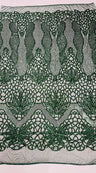 Feather Damask Sequin Design 4 Way Stretch Mesh Fabric - Floral Damask, Iridescent Sequins, 4 Way Stretch, 1 Yard