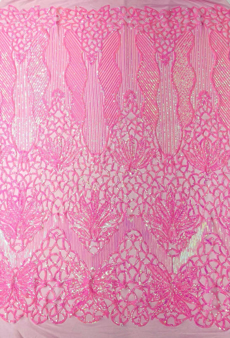 Feather Damask Sequin Design 4 Way Stretch Mesh Fabric - Floral Damask, Iridescent Sequins, 4 Way Stretch, 1 Yard