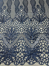 Feather Damask Sequin Design 4 Way Stretch Mesh Fabric - Floral Damask, Iridescent Sequins, 4 Way Stretch, 1 Yard