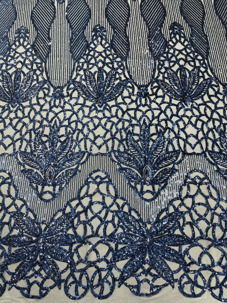 Feather Damask Sequin Design 4 Way Stretch Mesh Fabric - Floral Damask, Iridescent Sequins, 4 Way Stretch, 1 Yard