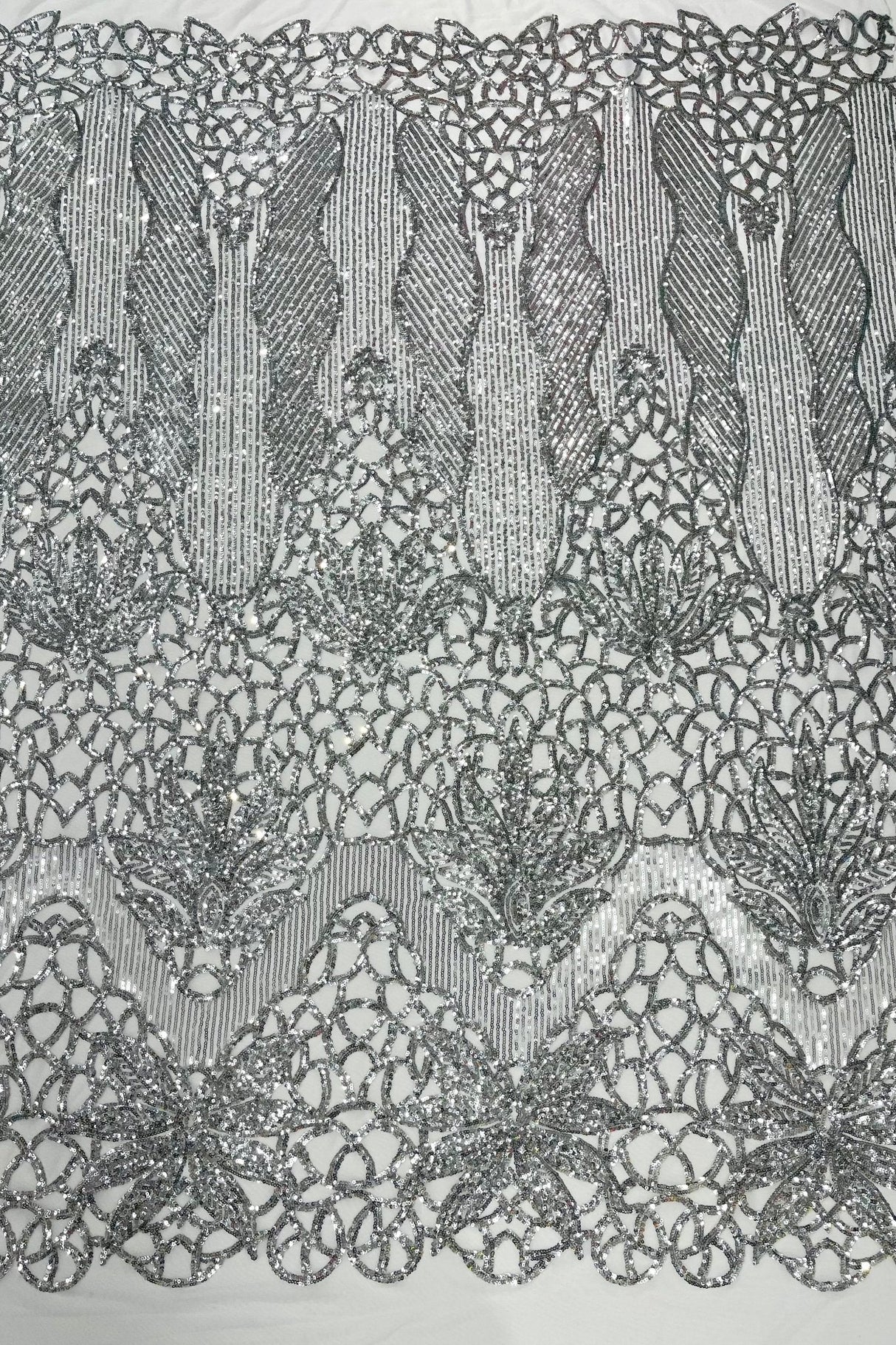 Feather Damask Sequin Design 4 Way Stretch Mesh Fabric - Floral Damask, Iridescent Sequins, 4 Way Stretch, 1 Yard