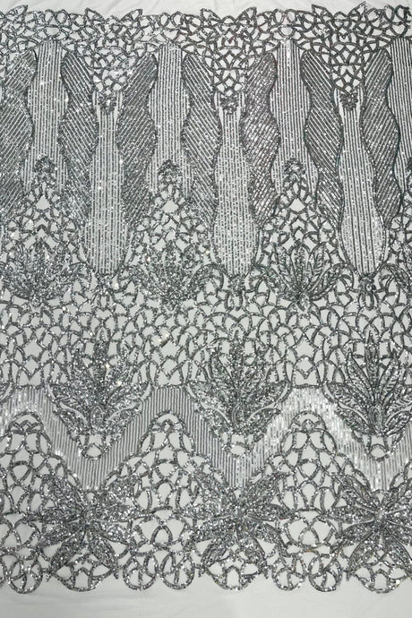 Feather Damask Sequin Design 4 Way Stretch Mesh Fabric - Floral Damask, Iridescent Sequins, 4 Way Stretch, 1 Yard