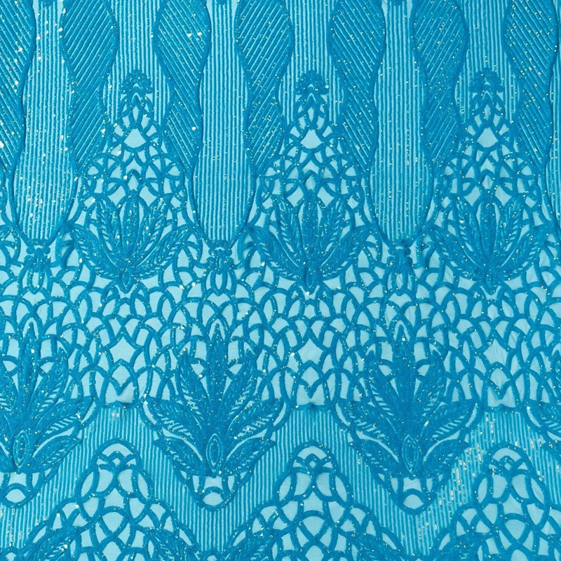 Feather Damask Sequin Design 4 Way Stretch Mesh Fabric - Floral Damask, Iridescent Sequins, 4 Way Stretch, 1 Yard
