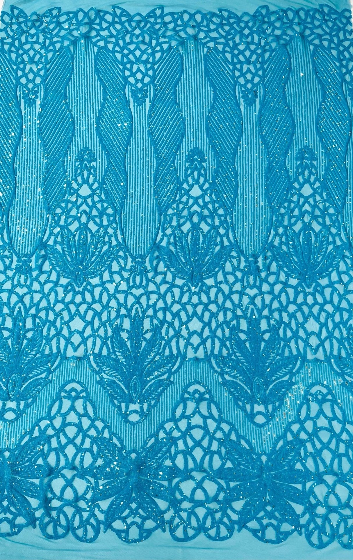 Feather Damask Sequin Design 4 Way Stretch Mesh Fabric - Floral Damask, Iridescent Sequins, 4 Way Stretch, 1 Yard