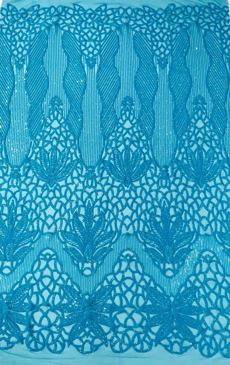 Feather Damask Sequin Design 4 Way Stretch Mesh Fabric - Floral Damask, Iridescent Sequins, 4 Way Stretch, 1 Yard