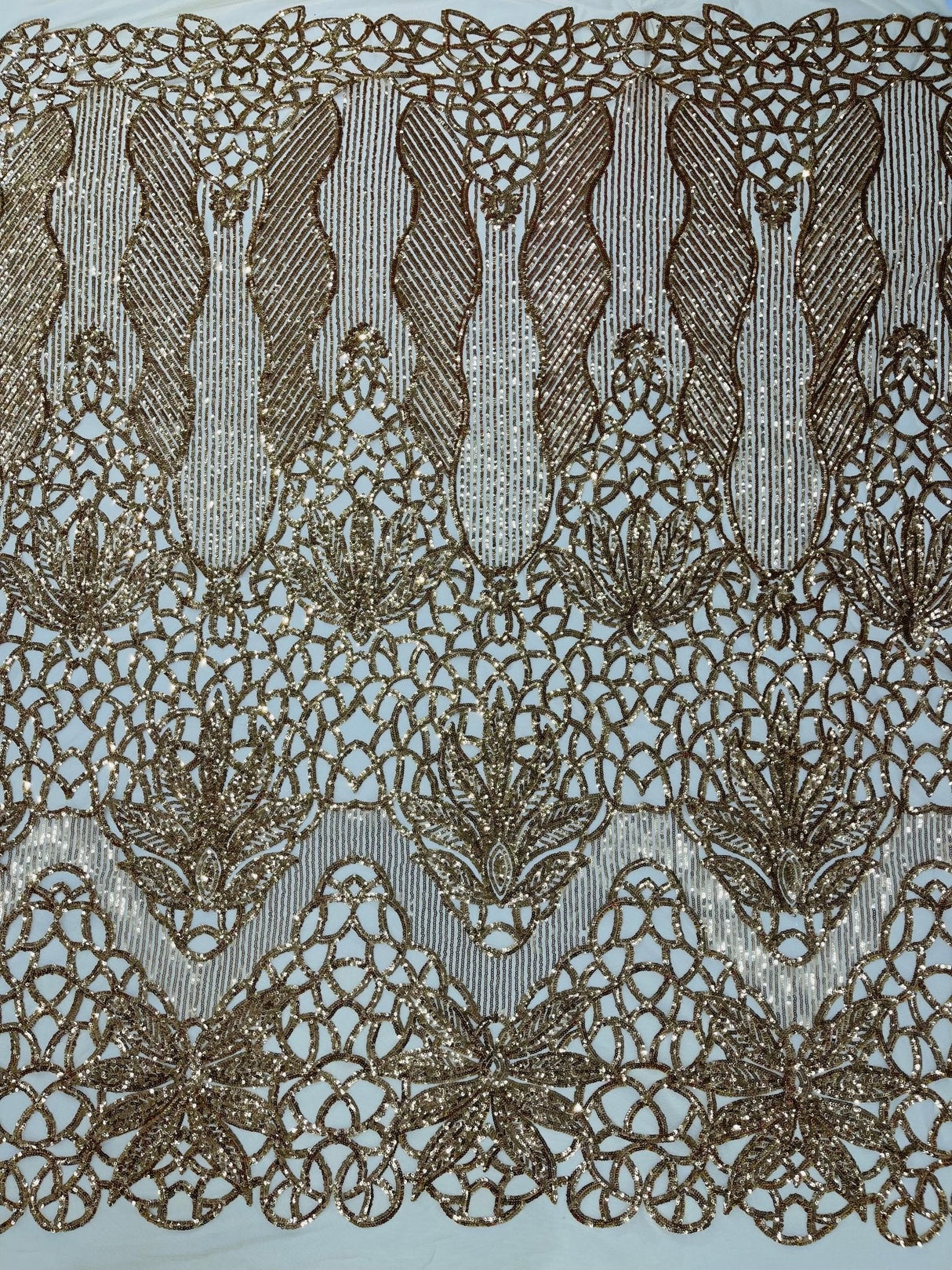 Feather Damask Sequin Design 4 Way Stretch Mesh Fabric - Floral Damask, Iridescent Sequins, 4 Way Stretch, 1 Yard