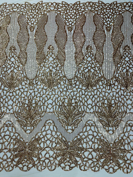 Feather Damask Sequin Design 4 Way Stretch Mesh Fabric - Floral Damask, Iridescent Sequins, 4 Way Stretch, 1 Yard