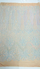 Feather Damask Sequin Design 4 Way Stretch Mesh Fabric - Floral Damask, Iridescent Sequins, 4 Way Stretch, 1 Yard