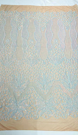 Feather Damask Sequin Design 4 Way Stretch Mesh Fabric - Floral Damask, Iridescent Sequins, 4 Way Stretch, 1 Yard