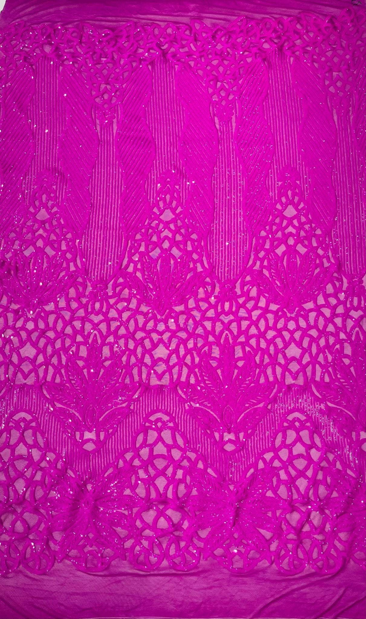 Feather Damask Sequin Design 4 Way Stretch Mesh Fabric - Floral Damask, Iridescent Sequins, 4 Way Stretch, 1 Yard