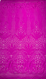 Feather Damask Sequin Design 4 Way Stretch Mesh Fabric - Floral Damask, Iridescent Sequins, 4 Way Stretch, 1 Yard