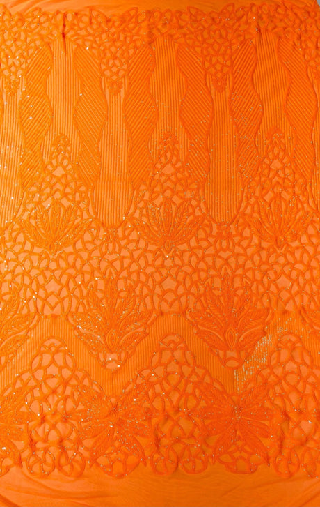Feather Damask Sequin Design 4 Way Stretch Mesh Fabric - Floral Damask, Iridescent Sequins, 4 Way Stretch, 1 Yard