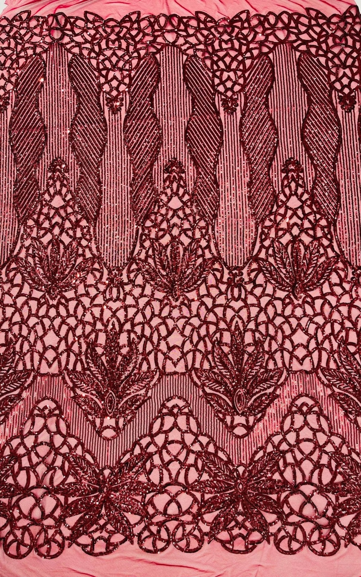 Feather Damask Sequin Design 4 Way Stretch Mesh Fabric - Floral Damask, Iridescent Sequins, 4 Way Stretch, 1 Yard