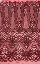 Feather Damask Sequin Design 4 Way Stretch Mesh Fabric - Floral Damask, Iridescent Sequins, 4 Way Stretch, 1 Yard