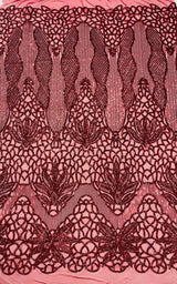 Feather Damask Sequin Design 4 Way Stretch Mesh Fabric - Floral Damask, Iridescent Sequins, 4 Way Stretch, 1 Yard