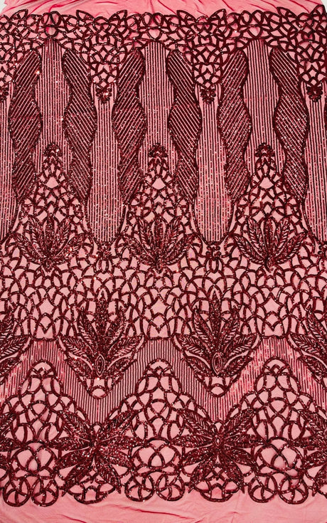 Feather Damask Sequin Design 4 Way Stretch Mesh Fabric - Floral Damask, Iridescent Sequins, 4 Way Stretch, 1 Yard