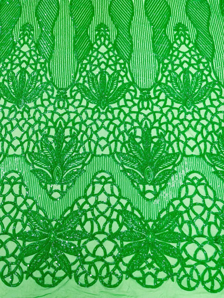 Feather Damask Sequin Design 4 Way Stretch Mesh Fabric - Floral Damask, Iridescent Sequins, 4 Way Stretch, 1 Yard