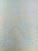 Feather Damask Sequin Design 4 Way Stretch Mesh Fabric - Floral Damask, Iridescent Sequins, 4 Way Stretch, 1 Yard