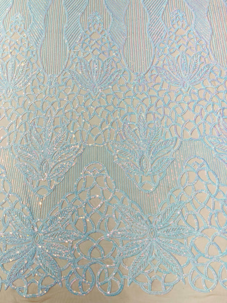 Feather Damask Sequin Design 4 Way Stretch Mesh Fabric - Floral Damask, Iridescent Sequins, 4 Way Stretch, 1 Yard